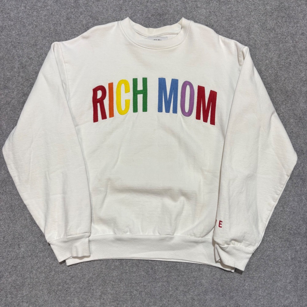 Rich Mom Sweatshirt White Rainbow Embroidered Crewneck Love Sleeve Detail Medium